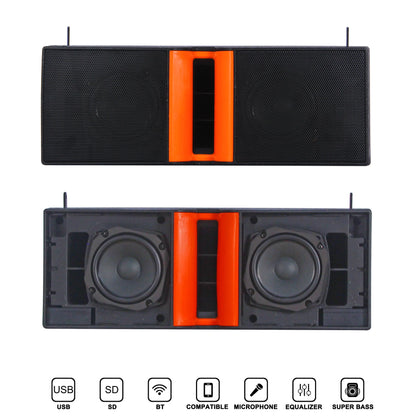 Top and bottom views of a rectangular portable speaker cabinet featuring a black mesh grille on top and exposed dual woofers with an orange central vertical strip below, showcasing its internal driver configuration.