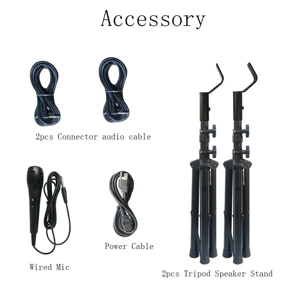 An illustration displaying various accessory items for a sound system, including two coiled connector audio cables, one power cable, a wired microphone, and two black tripod speaker stands, with text labels identifying each component.