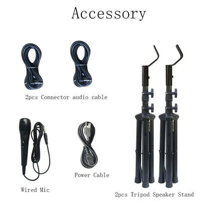 An illustration displaying various accessory items for a sound system, including two coiled connector audio cables, one power cable, a wired microphone, and two black tripod speaker stands, with text labels identifying each component.