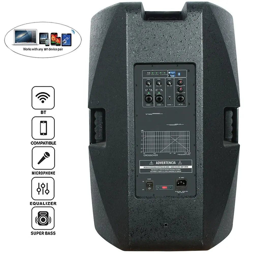 Rear view of a black powered speaker cabinet showing its connection panel with various input/output ports, control knobs, and a handle at the top. To the left, icons indicate features such as Bluetooth connectivity, microphone input, equalizer, and super bass.