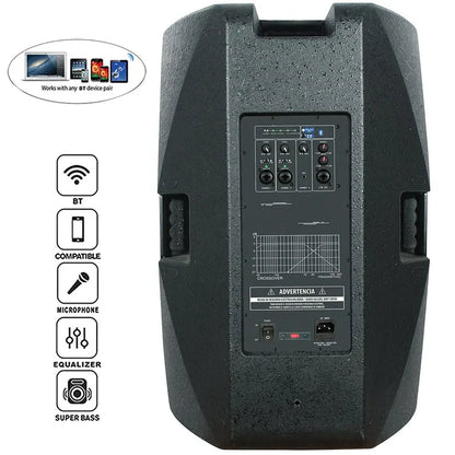 Rear view of a black powered speaker cabinet showing its connection panel with various input/output ports, control knobs, and a handle at the top. To the left, icons indicate features such as Bluetooth connectivity, microphone input, equalizer, and super bass.