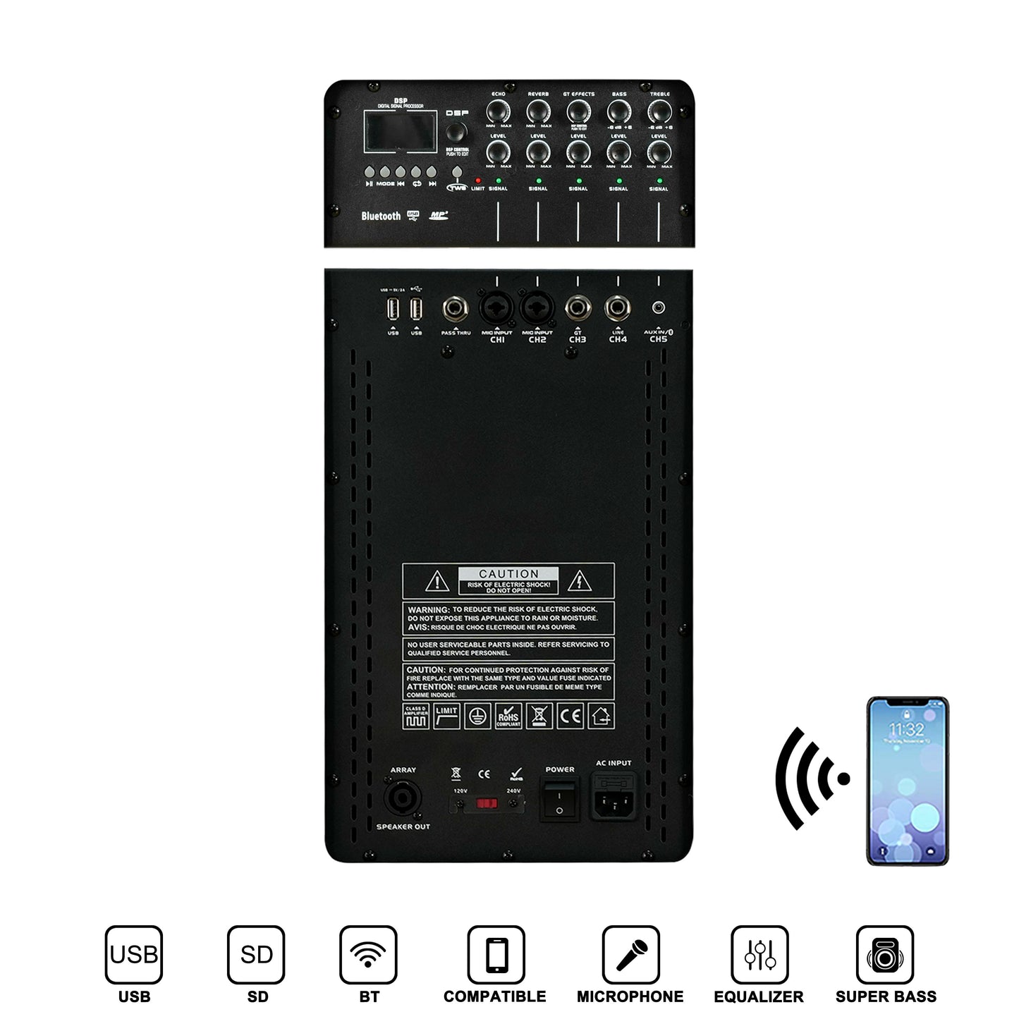 Professional Active Array Column Speaker PA System – 12" Subwoofer, DSP, Bluetooth TWS, Karaoke