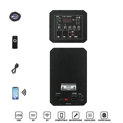 The back panel of a black portable PA system showcasing various input/output ports, control knobs, and a DSP monitor display, accompanied by accessories including a coiled audio cable, a remote control, and a power cable, with a smartphone indicating Bluetooth connectivity. Icons for USB, SD, BT, compatible microphone, equalizer, and super bass are shown at the bottom.