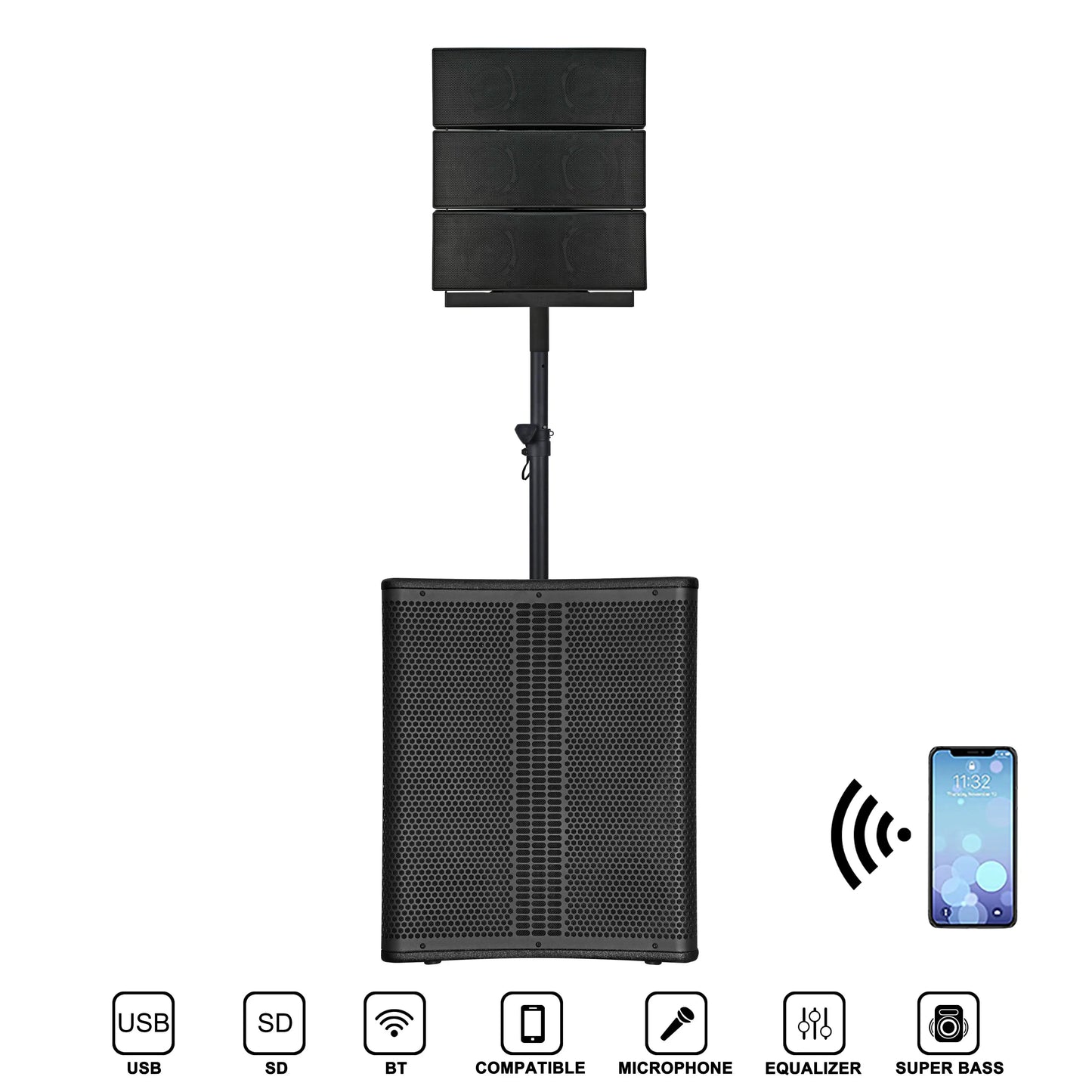 15 Inch Vertical Active Array Line 2 Channel 1.1PA System, Professional Outdoor Concert Stage Speaker, With DSP/BT/TWS,etc.