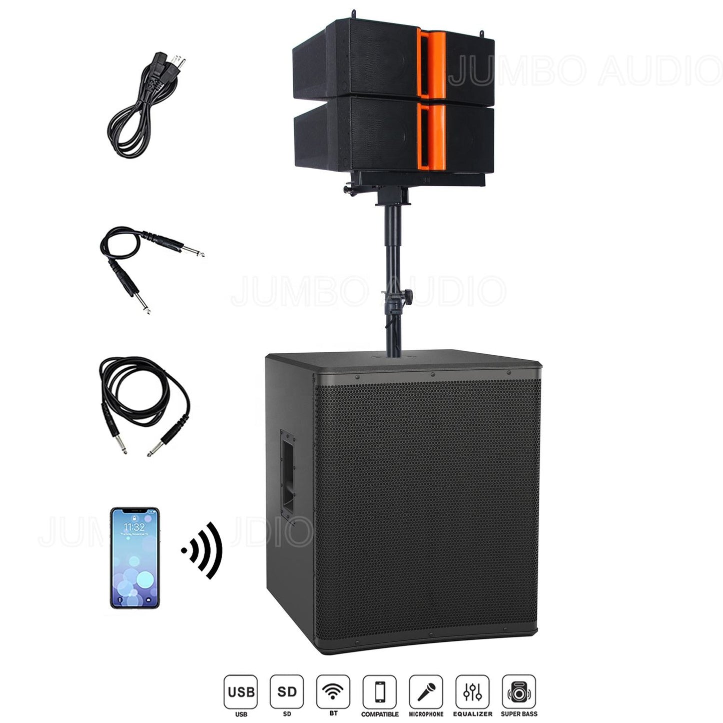 Front view of a black speaker system featuring a large subwoofer at the bottom and two smaller satellite speakers stacked on top, mounted on a central pole. To the left, illustrations show included accessories: a power cable, audio cables, and a smartphone with Bluetooth connectivity.