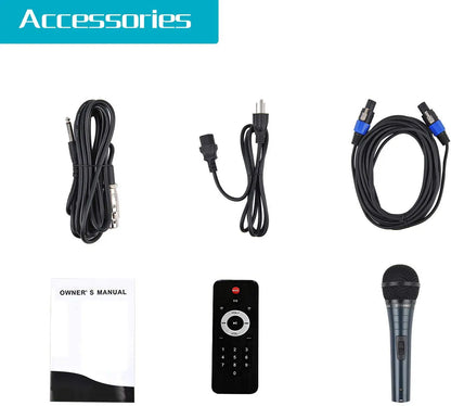 An accessories layout displaying various components included with an audio system: a coiled instrument cable, a power cord, a Speakon connector cable, an owner's manual booklet, a remote control with numeric keypad, and a handheld dynamic microphone.