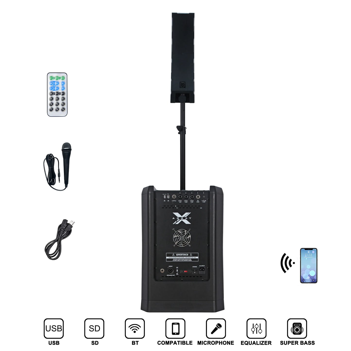 A black portable PA system consisting of a rectangular subwoofer base with a vertical array speaker mounted on top, displayed alongside a remote control, a handheld microphone, and a power cable. Icons for USB, SD, Bluetooth, compatible microphone, equalizer, and super bass are shown at the bottom.