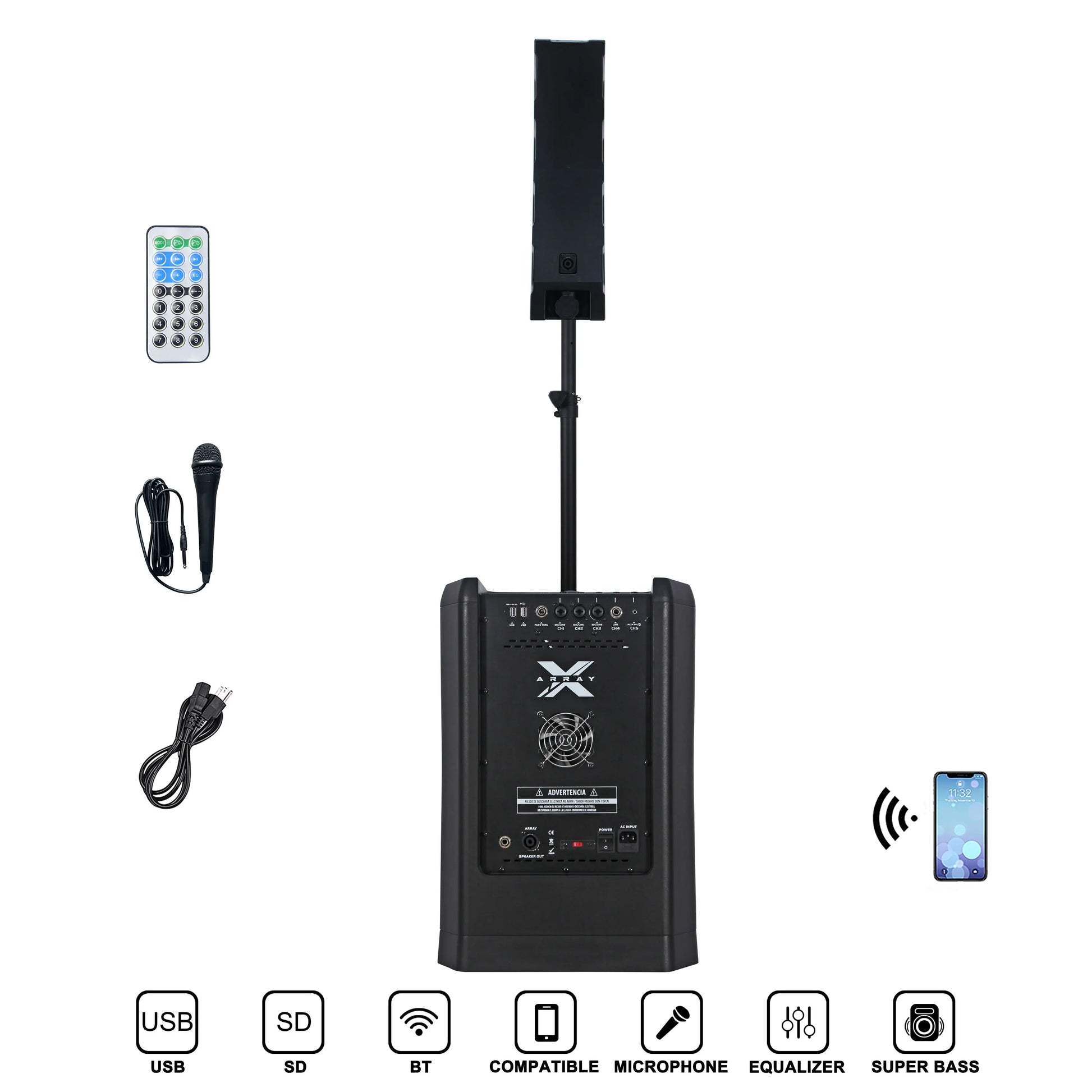 A black portable PA system consisting of a rectangular subwoofer base with a vertical array speaker mounted on top, displayed alongside a remote control, a handheld microphone, and a power cable. Icons for USB, SD, Bluetooth, compatible microphone, equalizer, and super bass are shown at the bottom.