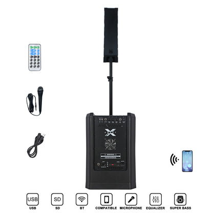 A black portable PA system consisting of a rectangular subwoofer base with a vertical array speaker mounted on top, displayed alongside a remote control, a handheld microphone, and a power cable. Icons for USB, SD, Bluetooth, compatible microphone, equalizer, and super bass are shown at the bottom.