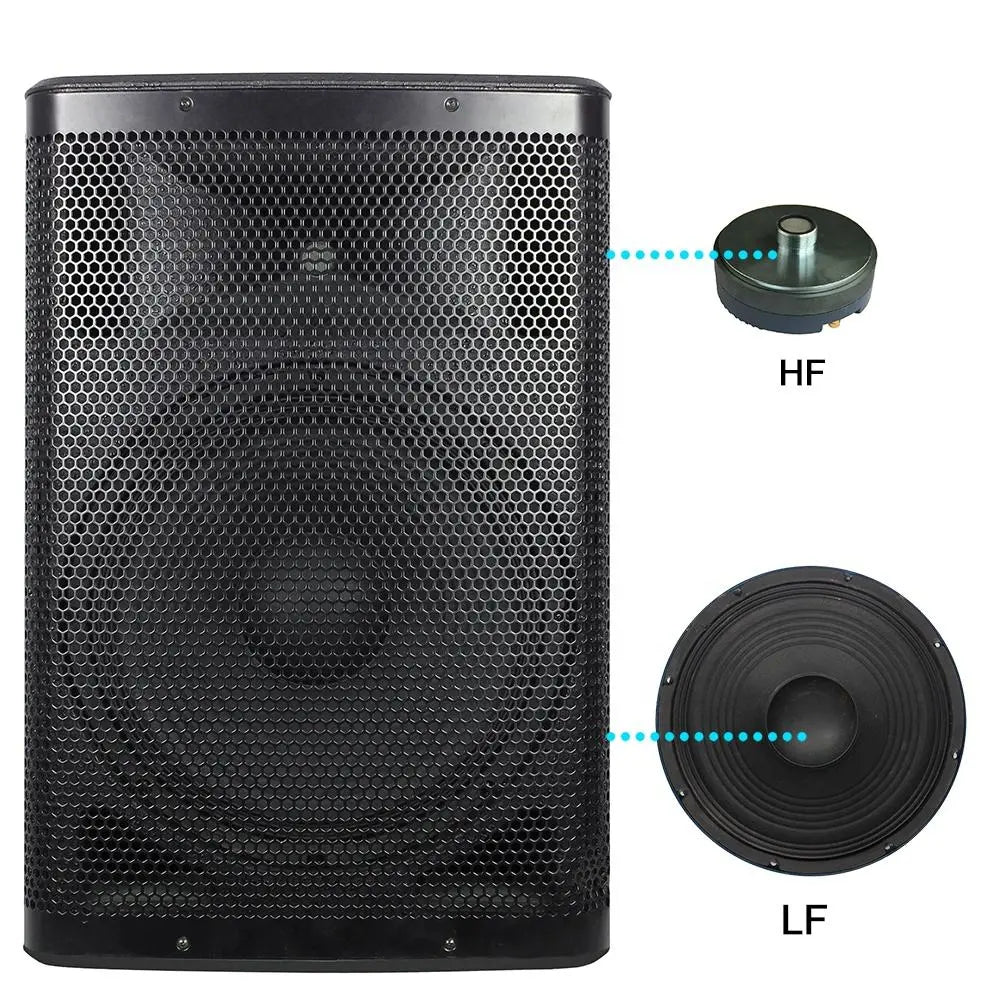 Front and back view of a large, professional-grade black speaker; the front features a dense honeycomb grille covering the drivers, while the back shows a control panel with various input/output ports, knobs, and a carrying handle.