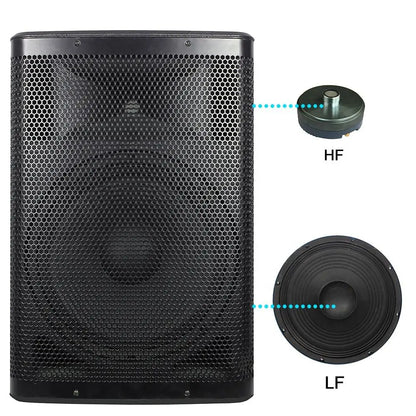 Front and back view of a large, professional-grade black speaker; the front features a dense honeycomb grille covering the drivers, while the back shows a control panel with various input/output ports, knobs, and a carrying handle.