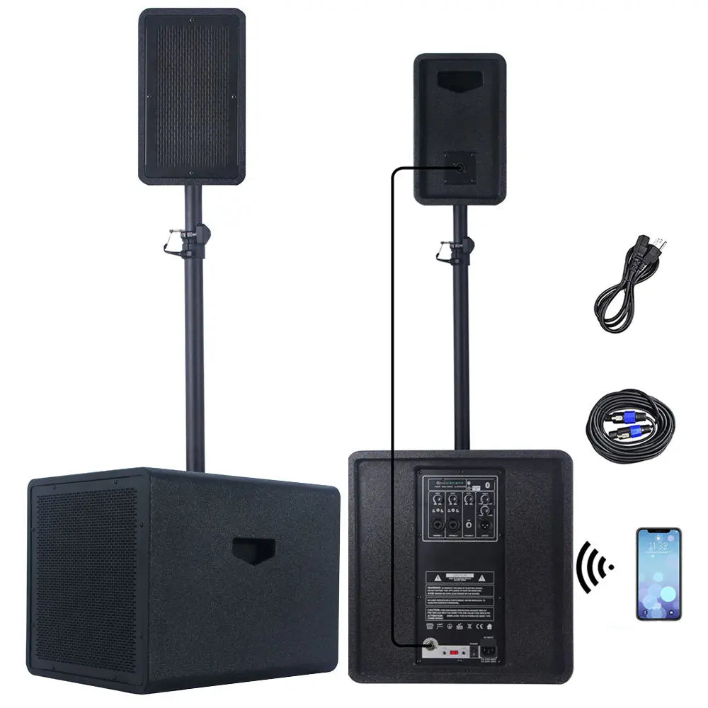 A black portable PA system shown from both the front and back views, featuring a subwoofer cabinet with a pole-mounted speaker, accompanied by accessories including a power cable, an audio cable, and an icon indicating Bluetooth connectivity with a smartphone.