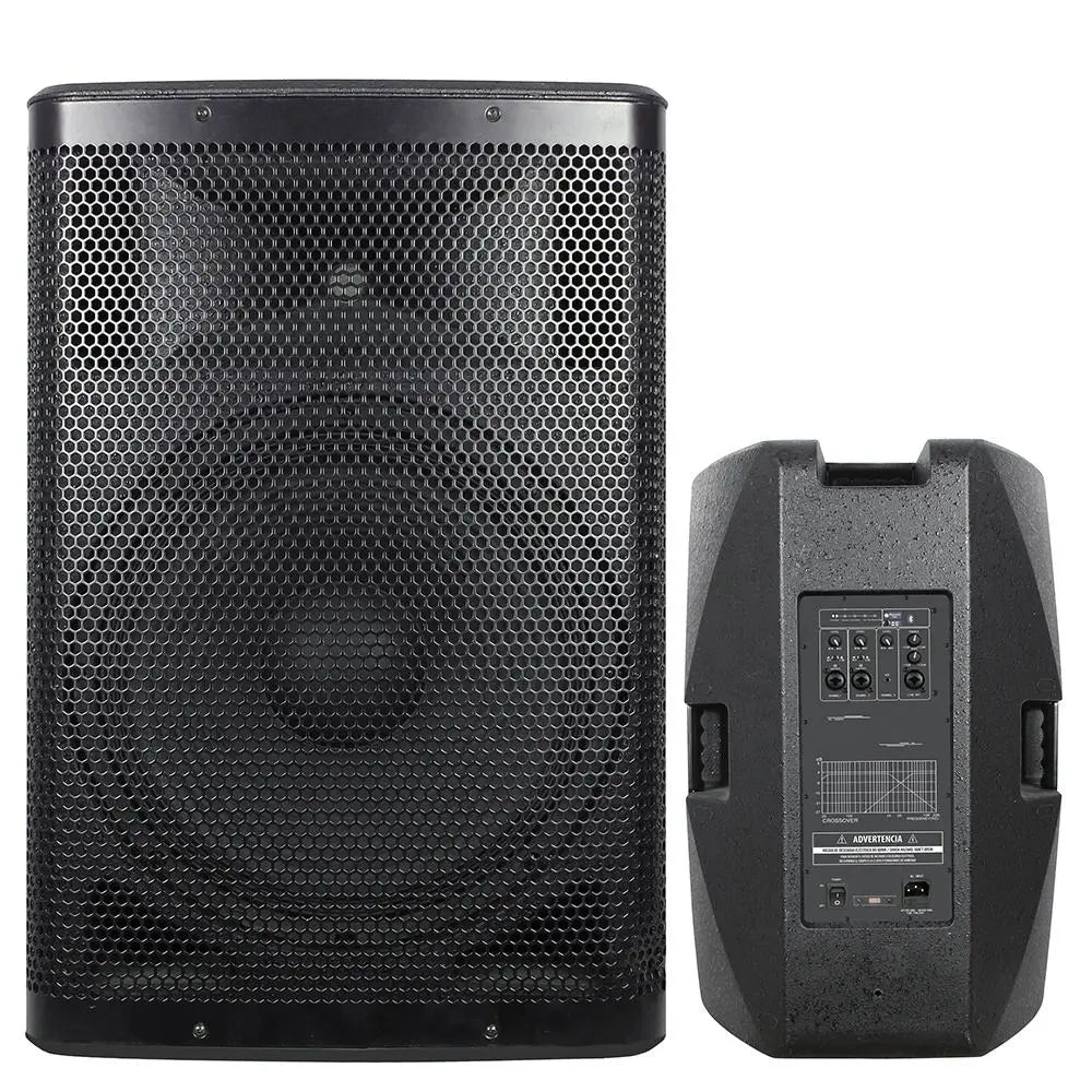 Front and back view of a large, professional-grade black speaker; the front features a dense honeycomb grille covering the drivers, while the back shows a control panel with various input/output ports, knobs, and a carrying handle.