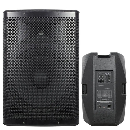 Front and back view of a large, professional-grade black speaker; the front features a dense honeycomb grille covering the drivers, while the back shows a control panel with various input/output ports, knobs, and a carrying handle.