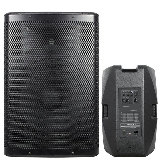 Front and back view of a large, professional-grade black speaker; the front features a dense honeycomb grille covering the drivers, while the back shows a control panel with various input/output ports, knobs, and a carrying handle.