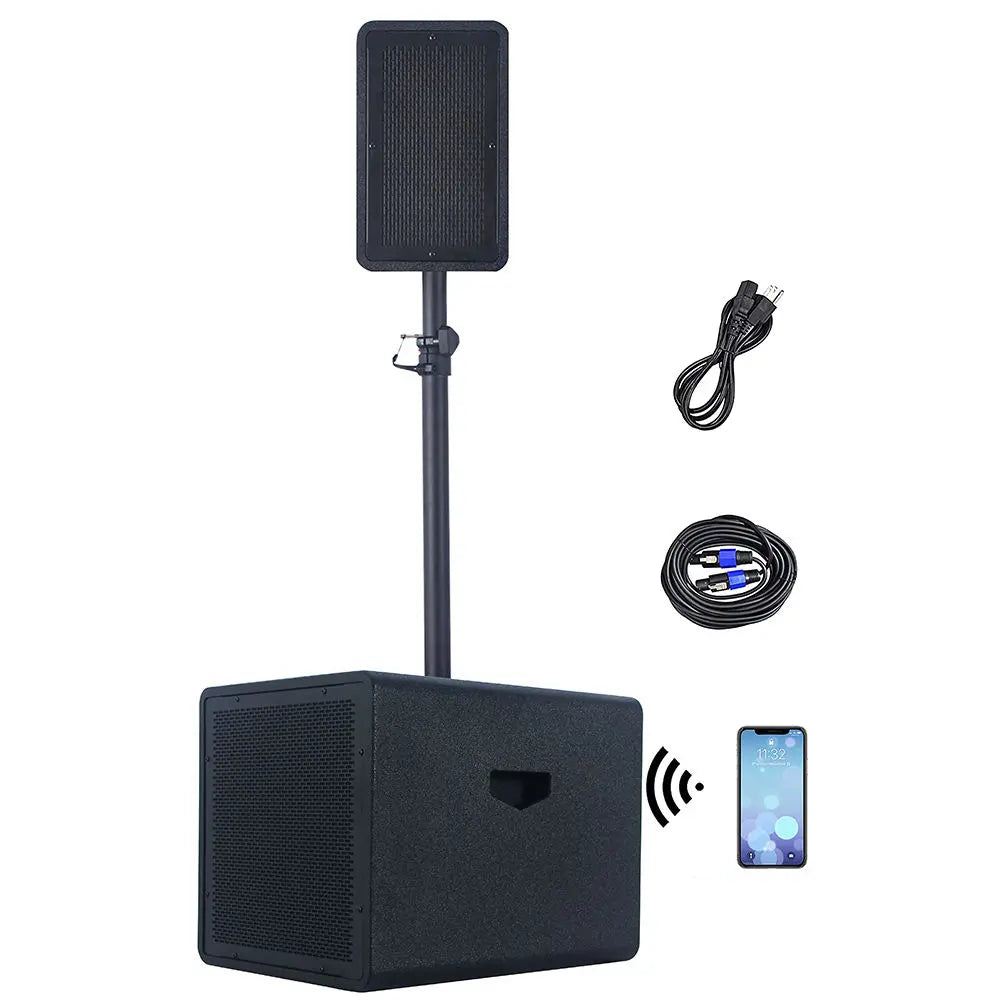A black portable PA system consisting of a large rectangular subwoofer cabinet with a smaller speaker mounted on a pole above it, displayed alongside accessories including a coiled power cable, a coiled audio cable, and an icon showing a smartphone connected via Bluetooth.