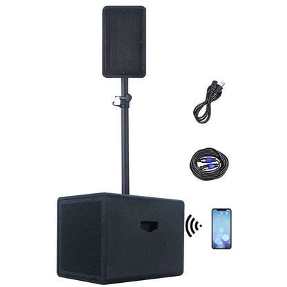 A black portable PA system consisting of a large rectangular subwoofer cabinet with a smaller speaker mounted on a pole above it, displayed alongside accessories including a coiled power cable, a coiled audio cable, and an icon showing a smartphone connected via Bluetooth.