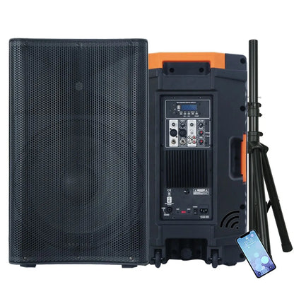 A portable speaker system displayed from two angles: the left side shows the front grille, while the right side reveals the back panel with various control knobs, input/output ports, a digital display, and a Bluetooth symbol indicating wireless connectivity with a nearby smartphone. A tripod stand is positioned to the right of the speaker.