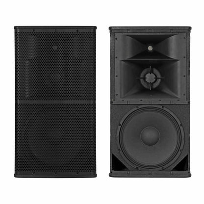 Two views of a professional two-way speaker cabinet. The left image shows the front view with a hexagonal mesh grille, while the right image displays the internal components, including a large woofer and a compression driver horn