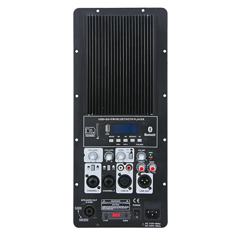 2.0 Channel Bluetooth Power Amplifier with FM Radio and Dual Power Supply (AC 110V/DC 12V)
Compact audio amplifier featuring USB/SD card reader, FM radio, Bluetooth connectivity, microphone input, and both AC 220V and DC 12V power options for home and car use