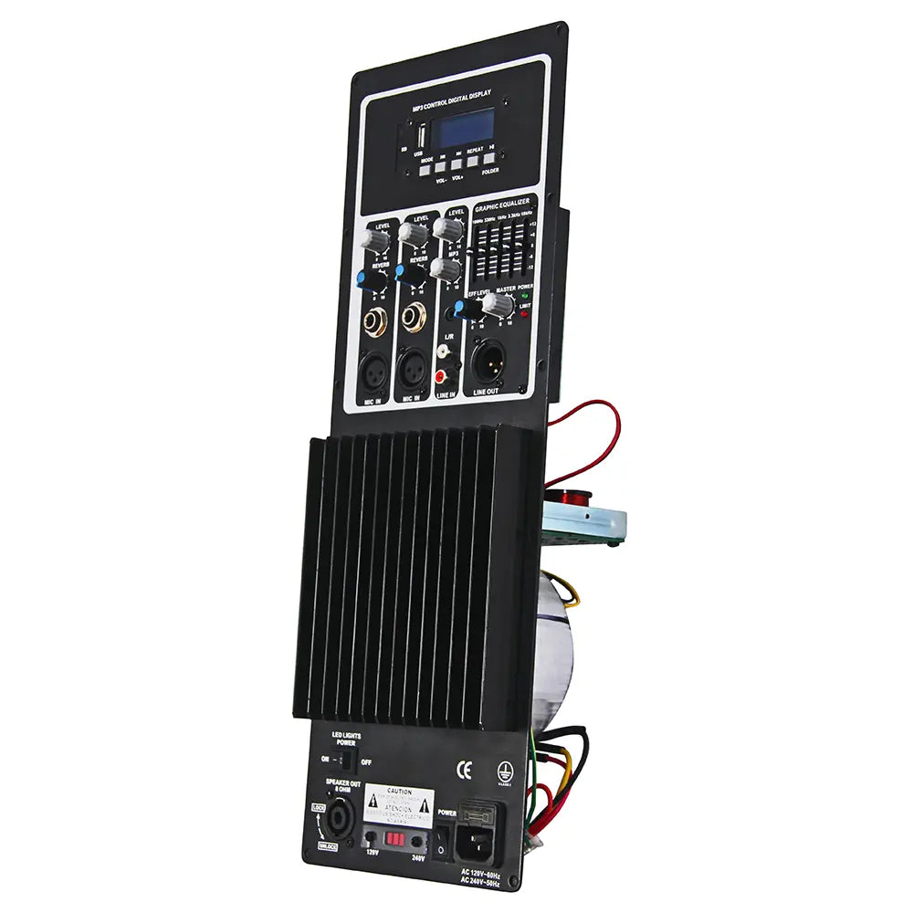 Professional PA Amplifier Panel Detail Showcasing EQ Controls, Microphone Inputs, and Digital Display
All-in-One Audio Solution for Stage, KTV, and Conference Rooms with Built-in Media Player