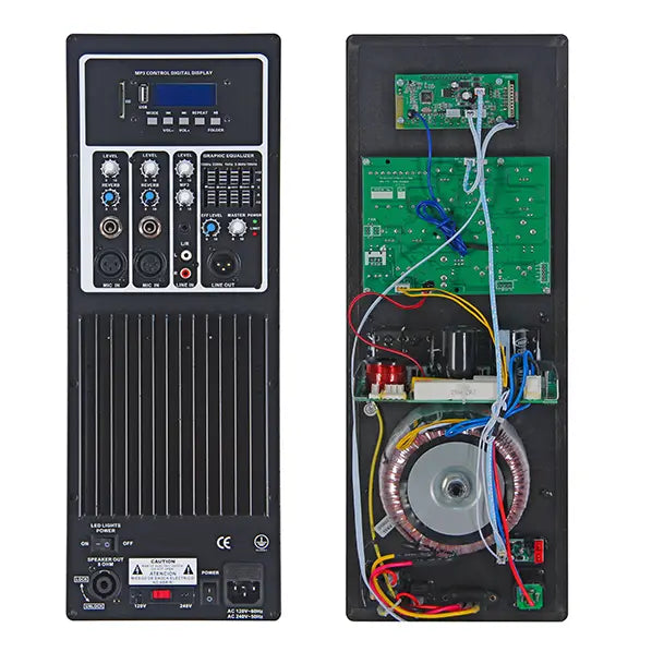 This professional power amplifier features a robust toroidal transformer for superior sound quality, efficient cooling fins, and built-in MP3 playback functionality. Ideal for stage performances, KTV, and conference systems.