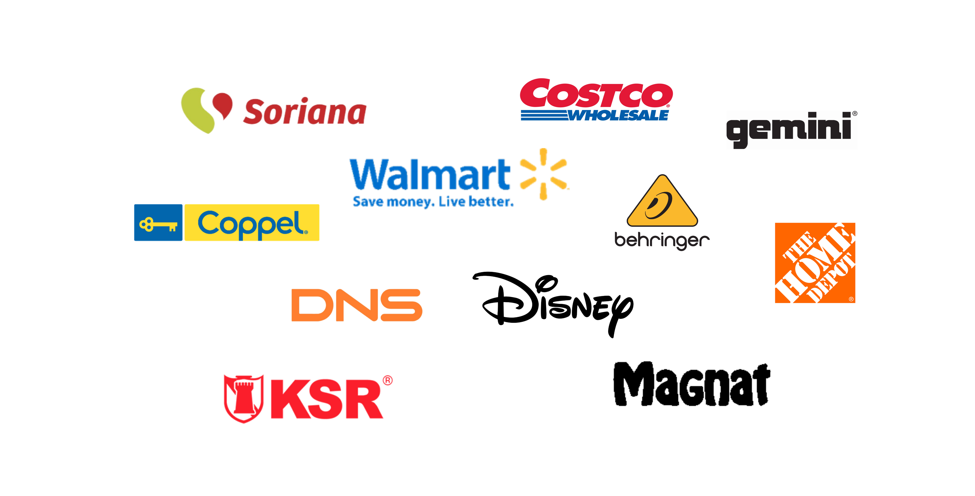 Logo wall showcasing our trusted clients and partners including Walmart, Costco, Disney, The Home Depot, Behringer, and other leading international brands