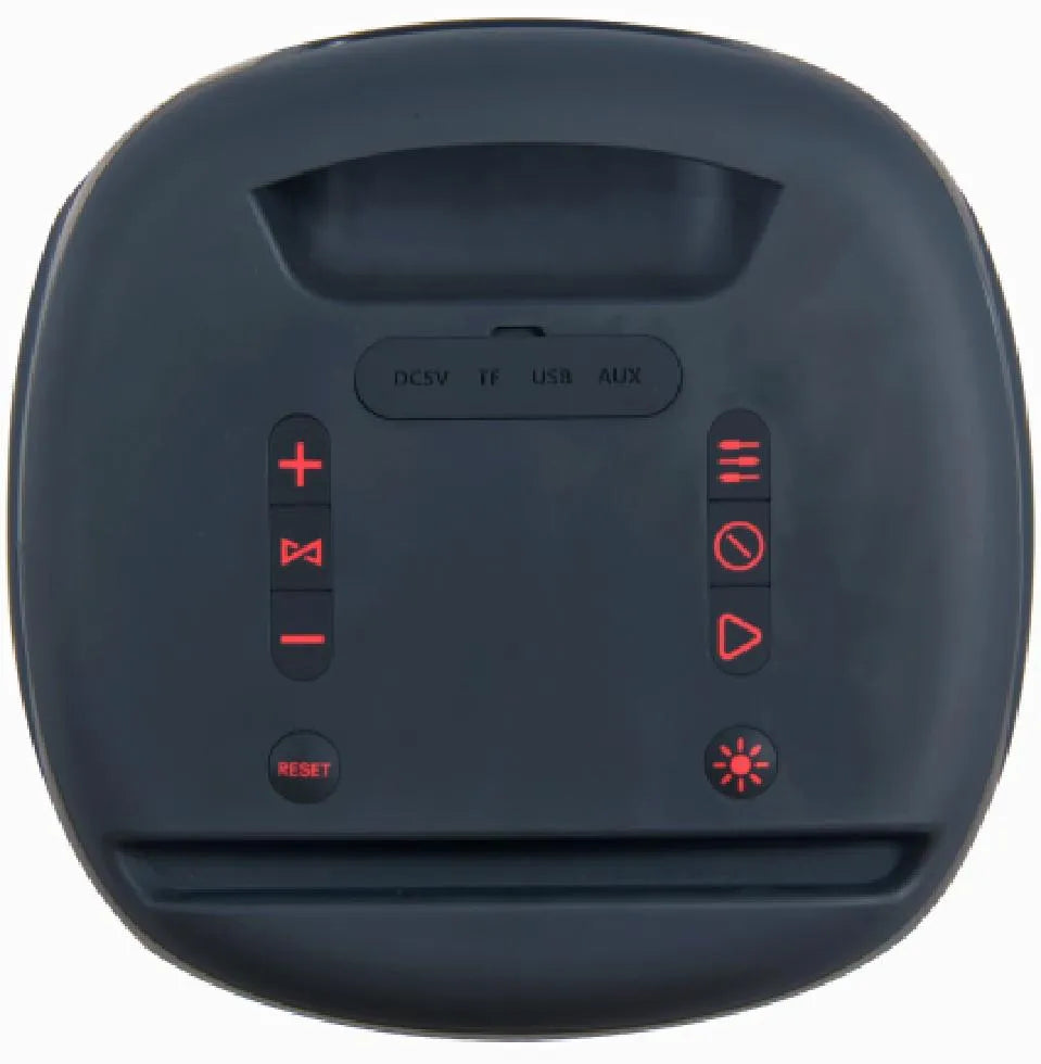 Top view of a black portable speaker showing a handle cutout at the top, an input panel with ports labeled 'DC5V', 'TF', 'USB', and 'AUX', and two columns of red backlit control buttons for volume, playback, mode, and reset