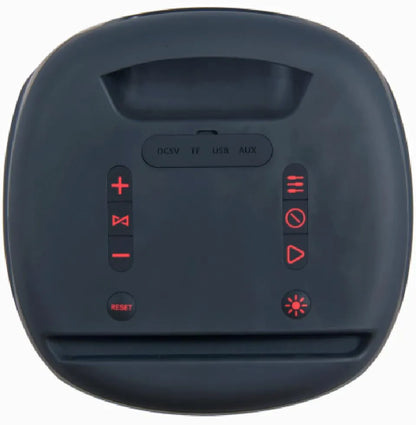 Top view of a black portable speaker showing a handle cutout at the top, an input panel with ports labeled 'DC5V', 'TF', 'USB', and 'AUX', and two columns of red backlit control buttons for volume, playback, mode, and reset