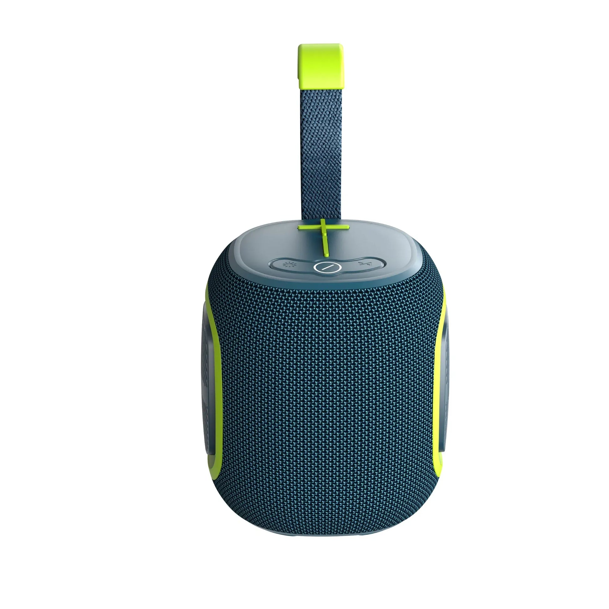 A dark blue cylindrical portable speaker with a textured, woven fabric exterior, a gray top panel featuring a central power button and touch controls, and a fabric carrying strap topped with a bright neon green plastic clip.