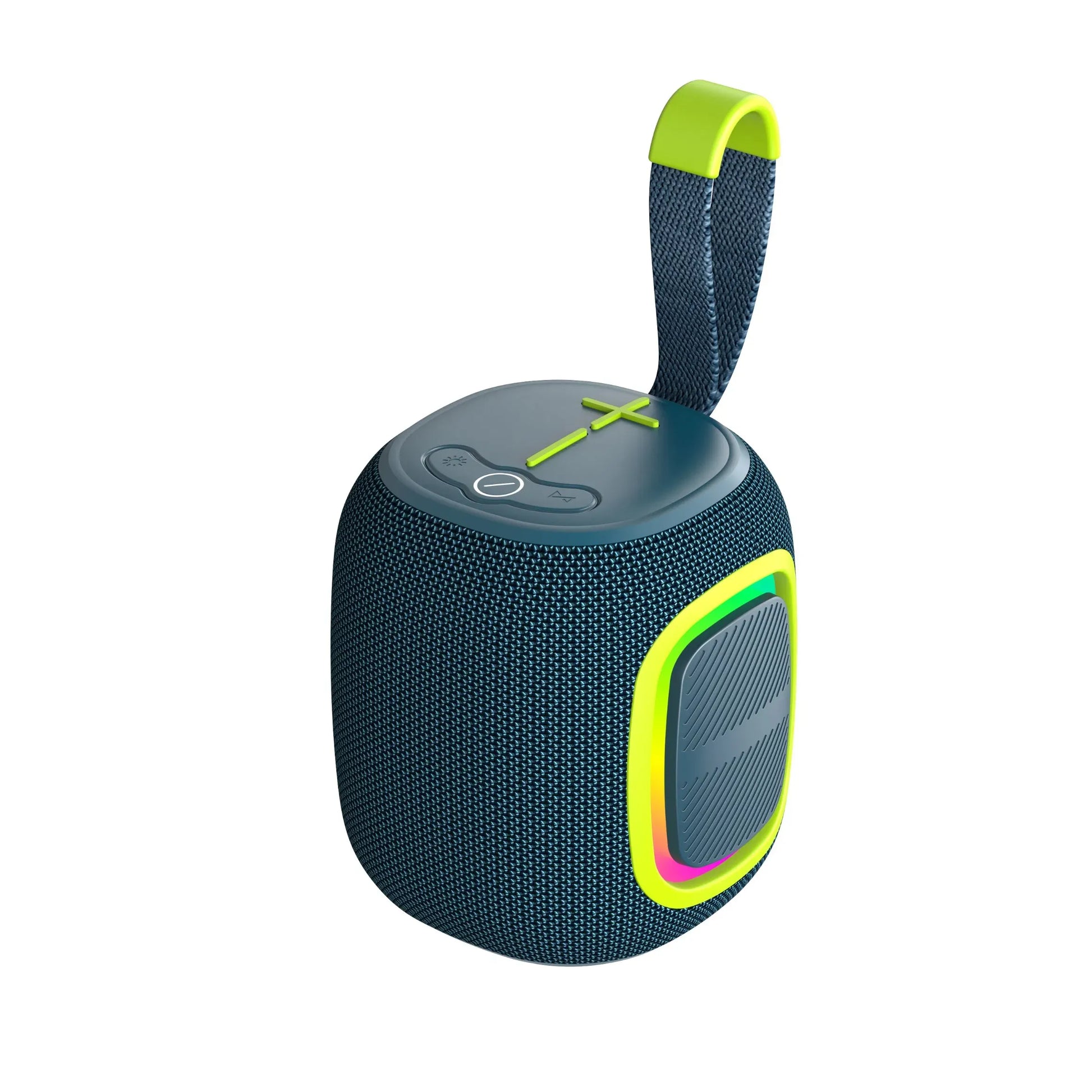 A dark blue cylindrical portable speaker with a textured, woven fabric exterior, a gray top panel featuring a central power button and touch controls, and a fabric carrying strap topped with a bright neon green plastic clip
