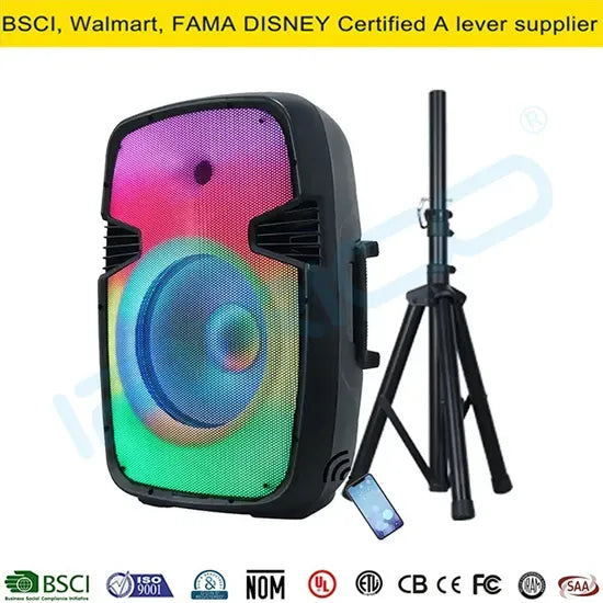 A portable rectangular PA speaker with a vibrant, rainbow-gradient RGB light effect covering its front grille, featuring a prominent central driver and side tweeters, displayed alongside a black telescopic tripod stand and a smartphone indicating Bluetooth connectivity.