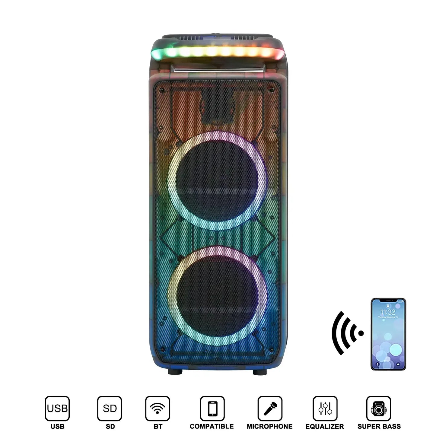 A tall, portable wireless speaker with a transparent, colorful casing illuminated by vibrant RGB lighting around the dual circular drivers and along the top edge, displayed next to a smartphone icon with sound wave symbols indicating Bluetooth connectivity.