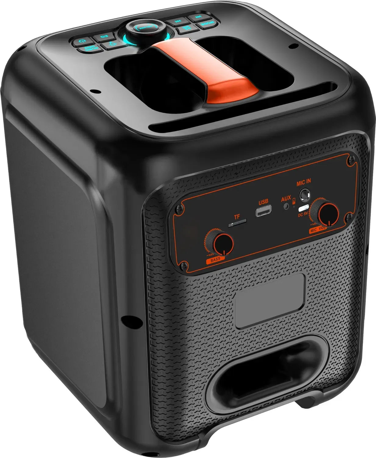 Three-quarter view of a black and orange portable Bluetooth speaker, showing the side control panel with red-trimmed knobs labeled 'VOLUME' and 'MIC VOL', USB and AUX ports, a handle cutout on top, and a carrying handle on the side