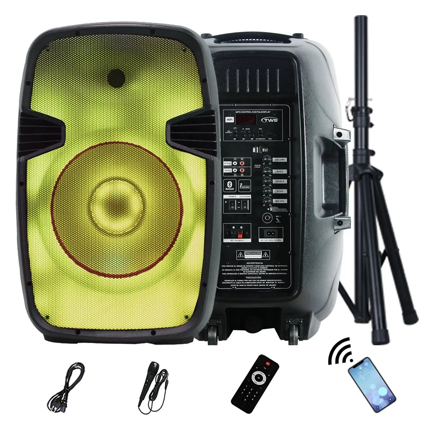 A portable PA speaker system featuring a large circular yellow-lit driver on the front panel, with a comprehensive control interface on the side displaying various input/output ports and a digital display. The setup includes a remote control, a wired microphone, an audio cable, a smartphone indicating Bluetooth connectivity, and a telescopic tripod stand
