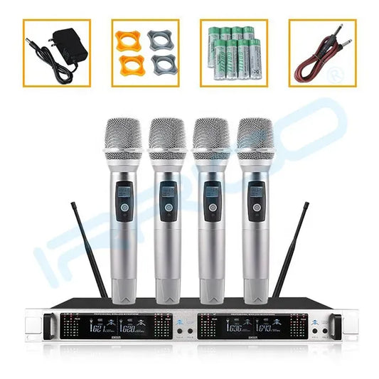 A four-channel wireless microphone system featuring four handheld mics placed on a black and silver receiver unit, with inset images displaying included accessories such as a power supply, rubber mounts, batteries, and an audio cable.