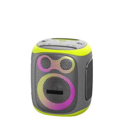 A portable cylindrical Bluetooth speaker with a gray body and neon yellow trim. The front grill features a glowing RGB light ring effect, and the top includes control buttons and a handle