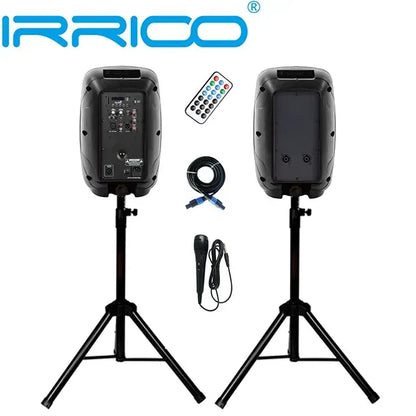 A complete portable PA speaker system setup on a white background, featuring two black speakers mounted on tripod stands. The image includes a remote control, a coiled wired microphone, and an audio cable, showcasing all the components ready for use.