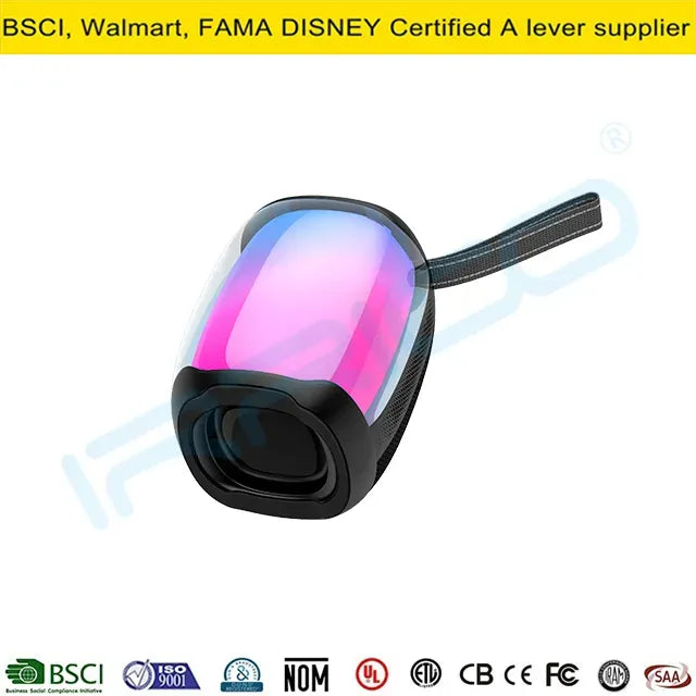 A black portable speaker with a translucent pink and blue glowing front panel, featuring a circular speaker grille and a detachable fabric strap for carrying.