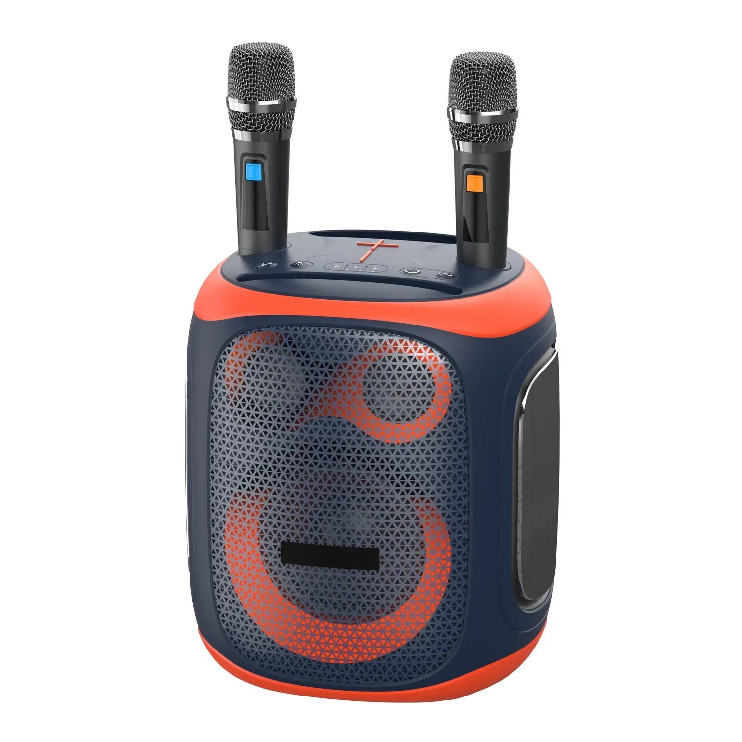 Front view of a portable karaoke speaker system featuring a navy blue and orange body, two wireless microphones with blue and orange accents standing in top slots, and a front grille with two tweeters and a larger woofer, all outlined by vibrant orange LED light rings.