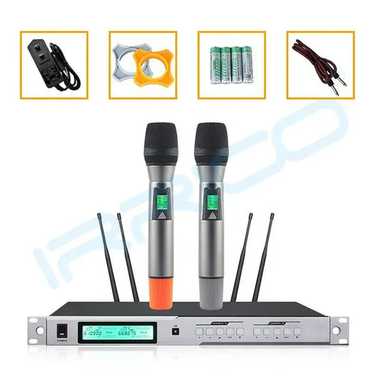 A dual-channel UHF wireless microphone system displayed with its accessories, including a power adapter, an anti-slip ring, rechargeable batteries, and an audio cable, arranged above the main unit and two handheld microphones.