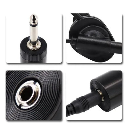 Close-up diagram showing four detailed views of a wireless lavalier microphone transmitter and its connection ports, including the antenna, the jack plug insertion point, and the threaded coupling mechanism.