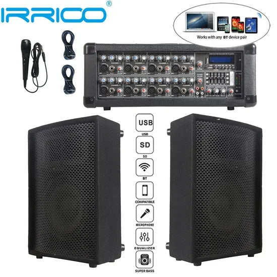 1000W 2×10" Subwoofer PA Speaker System – BT TWS Karaoke Set with 8-Channel Powered Mixer