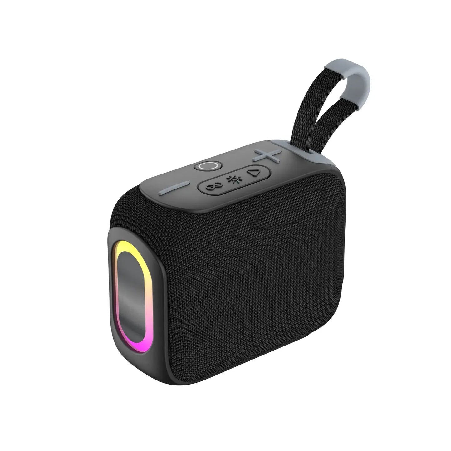 A black rectangular portable speaker with a textured fabric body, a colorful glowing RGB light ring around the front speaker grill, control buttons on the top panel, and a black fabric carrying strap with light gray accents.