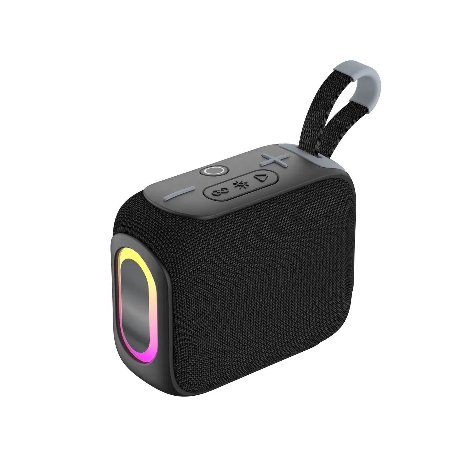 A black rectangular portable speaker with a textured fabric body, a colorful glowing RGB light ring around the front speaker grill, control buttons on the top panel, and a black fabric carrying strap with light gray accents.