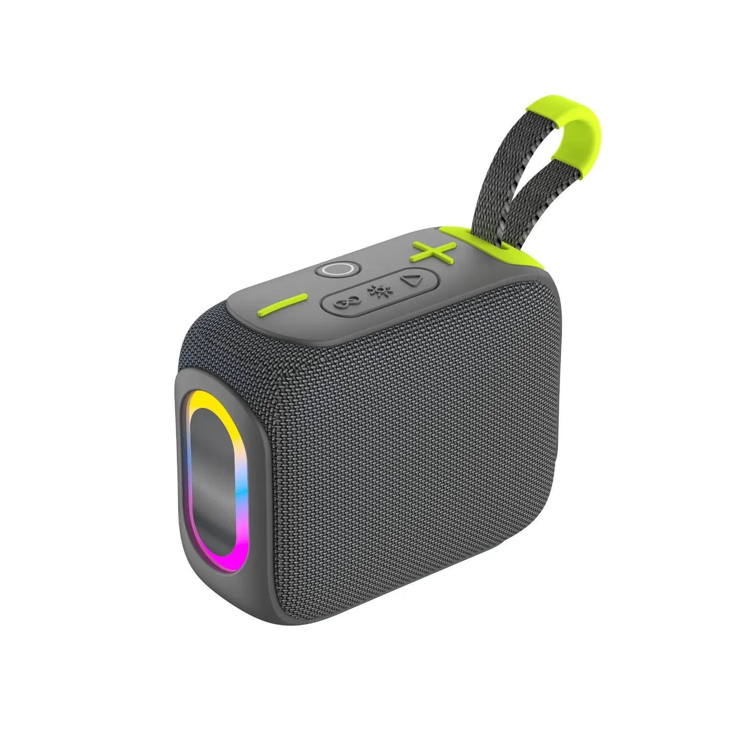A dark gray rectangular portable speaker with a textured fabric body, a colorful glowing RGB light ring around the front speaker grill, control buttons on the top panel, and a black fabric carrying strap with neon yellow accents.