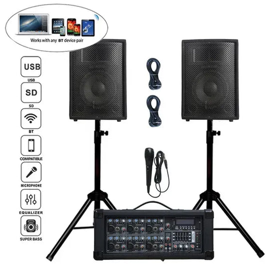 1000W 2×10" Subwoofer PA Speaker System – BT TWS Karaoke Set with 8-Channel Powered Mixer