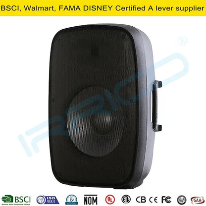 Front view of a black portable speaker with a rectangular design and rounded edges, featuring a large central speaker grille with a subtle texture and a smaller tweeter positioned above it, set against a plain white background.