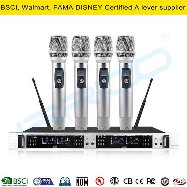 A professional four-channel wireless microphone system featuring four handheld dynamic microphones placed on top of a silver 19-inch rack-mountable receiver unit with LED displays and control buttons.