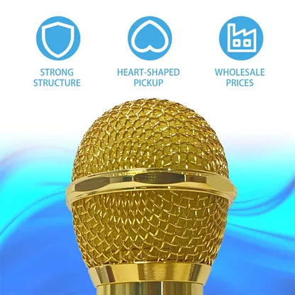 Gold dynamic microphone advertising three key features: strong metal structure, heart-shaped cardioid pickup pattern for noise reduction, and competitive wholesale prices.